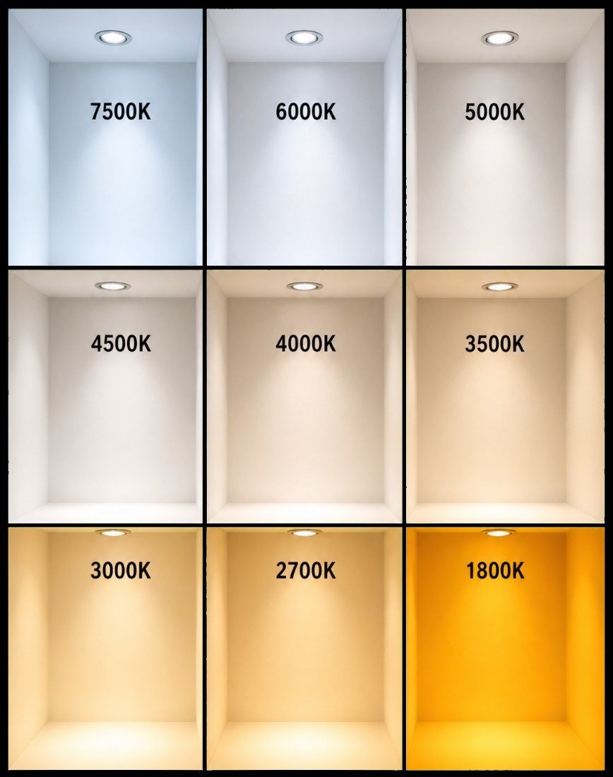 Devynios spalvos temperatūros nuo 1800 K iki 7500 K su tuo pačiu įleidžiamu LED šviestuvu